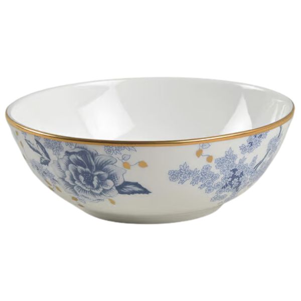 Garden Grove bowl with blue floral pattern and gold rim.