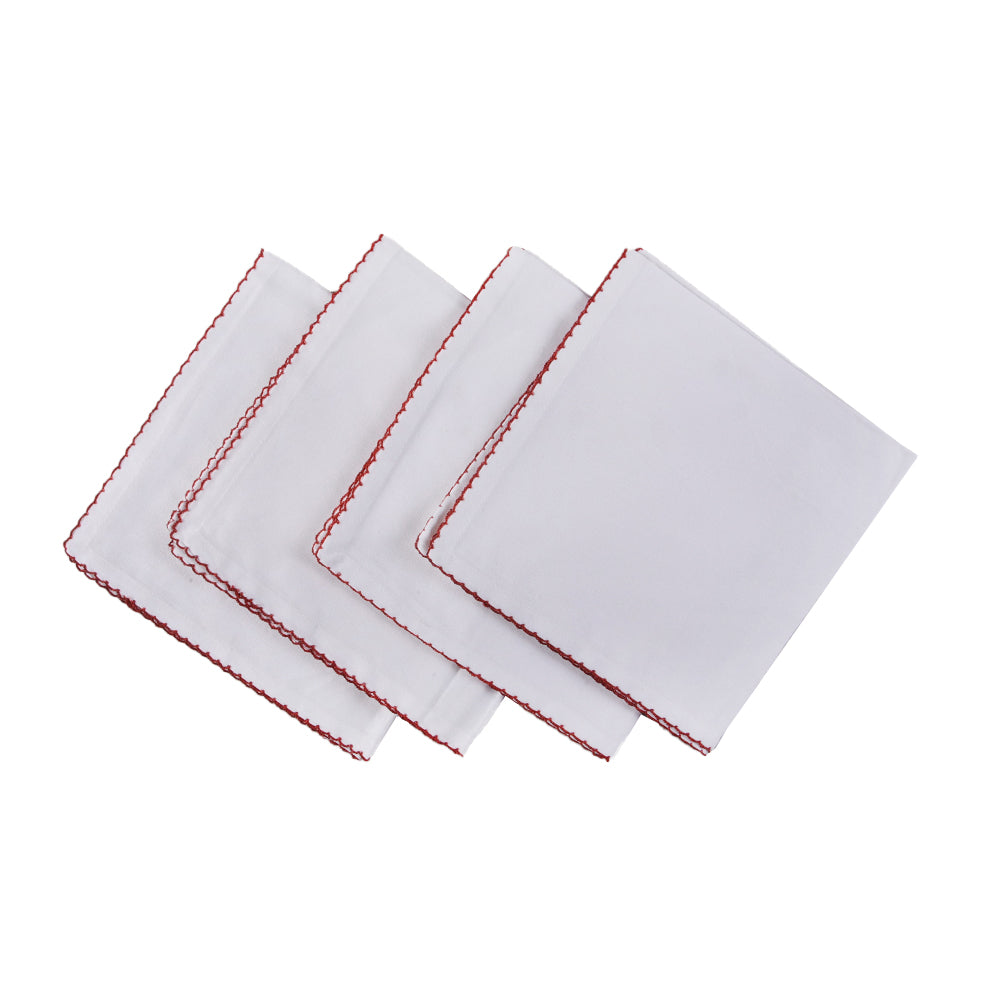 Set of 4 White Cotton Napkins with Red Whipstitch by Saro Lifestyle