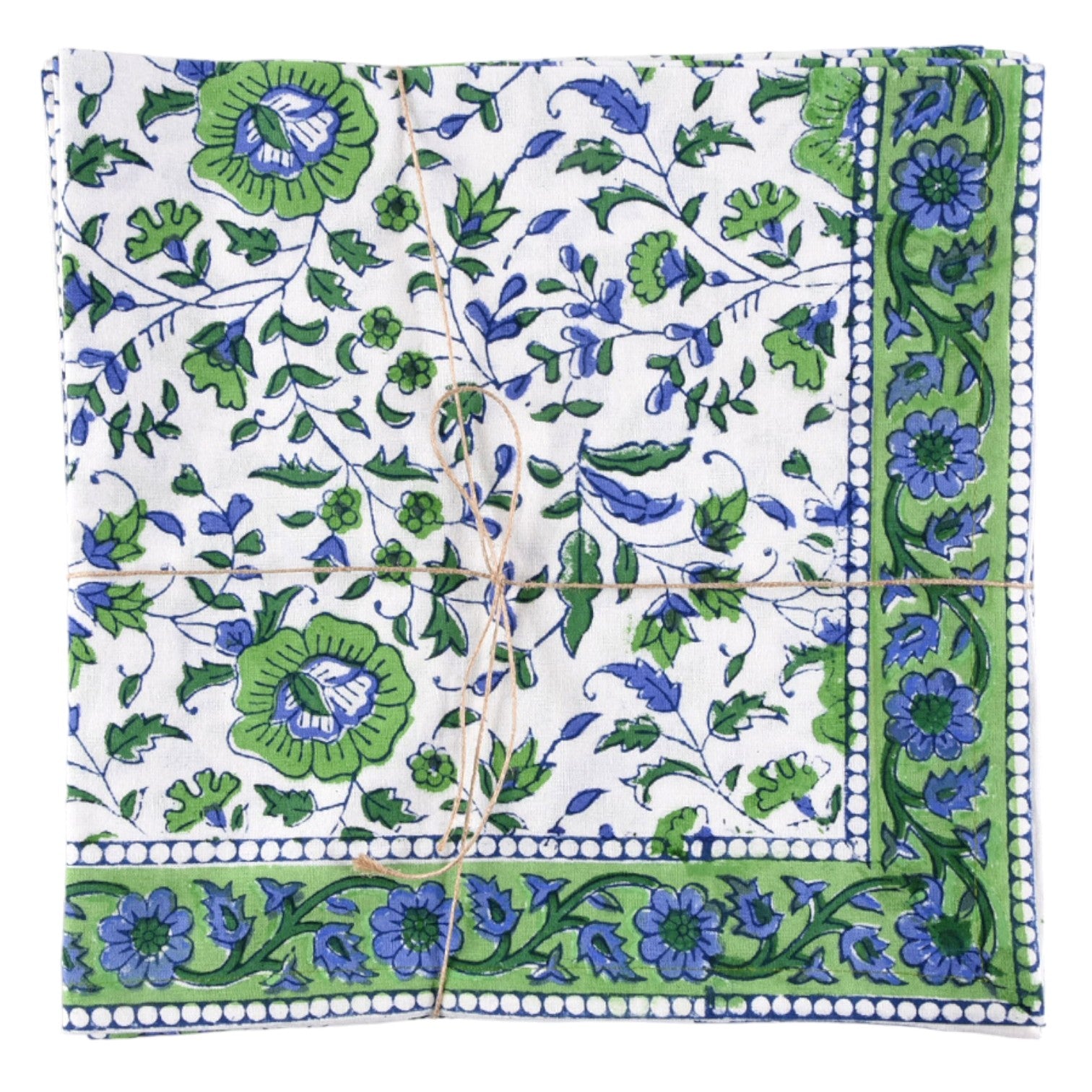 Set of 4 Jaipur Cotton Napkins with Green & Blue Florals by Sevya Handmade