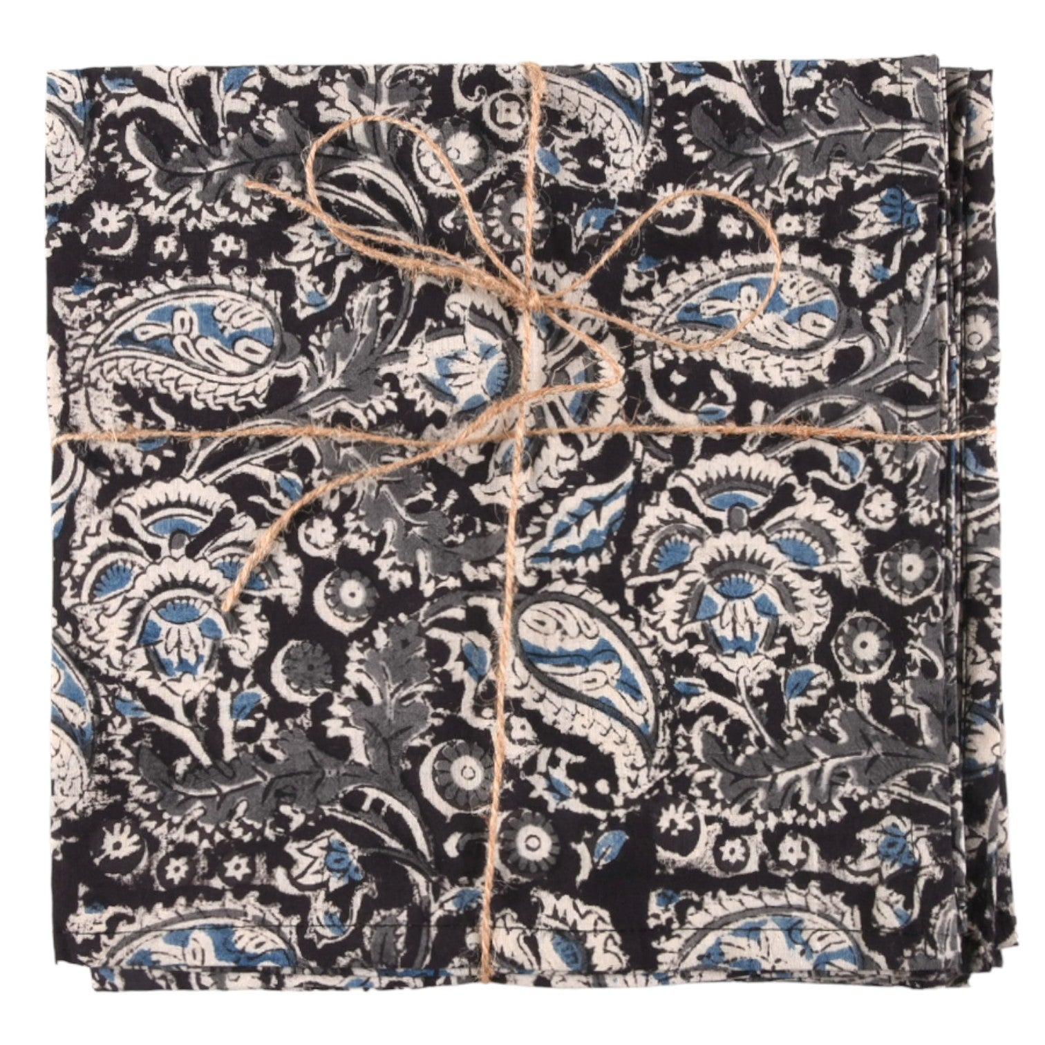 Paisley Kalamkari Set of 4  Cotton Napkins in Brown & Blue by Sevya Handmade